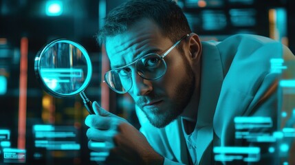 Poster - A focused individual examines data through a magnifying glass in a tech-filled environment.