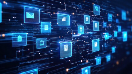 Poster - Digital interface with glowing icons representing communication and data management.