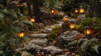 Wall Mural - Enchanted Forest Pathway with Illuminated Lanterns, Lush Greenery and Stones Creating a Magical Atmosphere for Nature Lovers and Adventurers Seeking Serenity