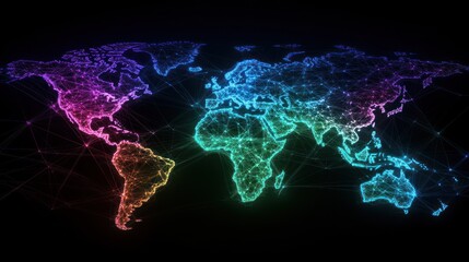 Poster - A colorful digital representation of a world map with interconnected nodes and lines.