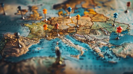 Poster - A close-up of a map of Europe with colorful pins marking various locations.
