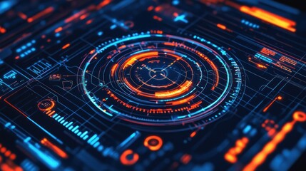 Poster - Abstract digital interface with vibrant circular patterns and glowing lines.