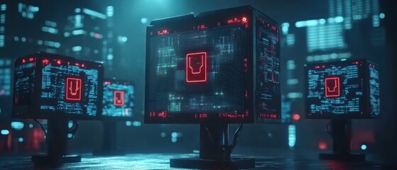Poster - Futuristic data servers illuminated with red light in a cyberpunk cityscape.
