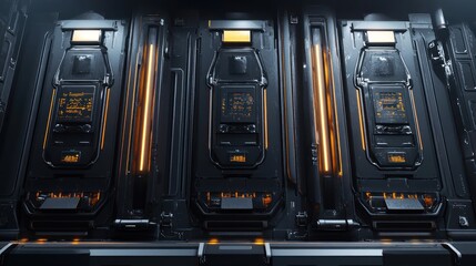 Poster - Futuristic storage units with illuminated interfaces and sleek design.