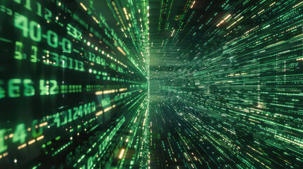 Poster - binary digital codes that rush to the center, creating the effect of movement in space or a cyber tunnel,.     