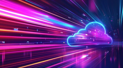 Poster - A vibrant digital illustration of a cloud with colorful light trails, symbolizing data flow.