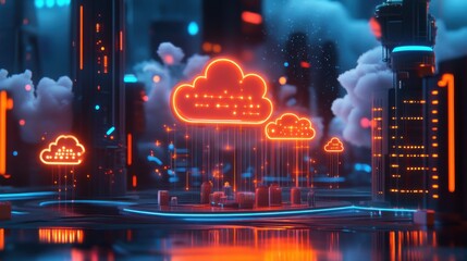 Poster - Digital Cloud Technology with Neon Elements and Futuristic Background