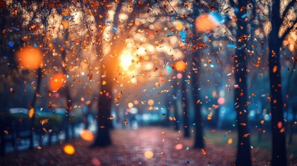Wall Mural - Enchanting Autumn Scene with Soft Light and Colorful Leaves Falling in a Scenic Park During Sunset, Creating a Dreamy Ambiance of Nature’s Beauty
