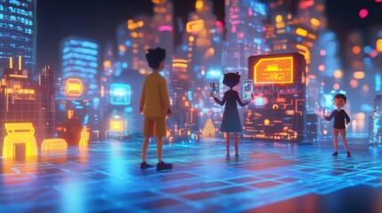 Poster - Futuristic Urban Scene with Children Engaging with Technology