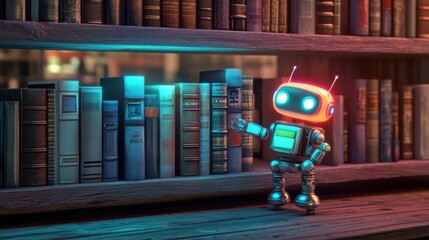Poster - Friendly Robot Exploring Bookshelves in a Cozy Library Setting