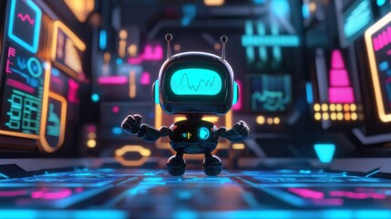 Poster - Charming Little Robot Character in a Colorful Futuristic Setting