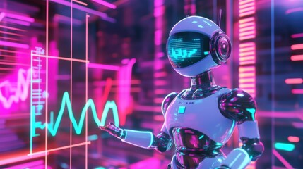 Poster - Futuristic Robot Analyzing Data in Neon Cyber Environment