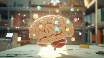 Poster - Brain with Digital Icons Representing Technology and Knowledge Flow