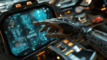 Poster - A robotic hand interacts with a high-tech interface displaying data and graphics.