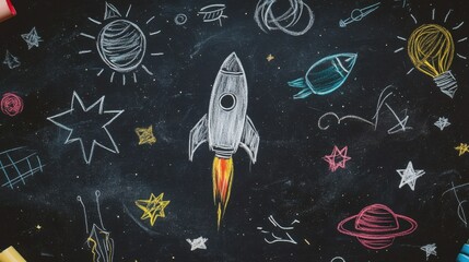 Wall Mural - chalkboard illustration of space with rocket and celestial objects
