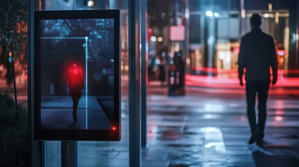 Poster - A figure walks past a digital display showing a similar silhouette in a nighttime urban setting.