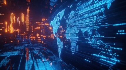 Poster - Abstract Digital World Map with Data Streams and Neon Lights