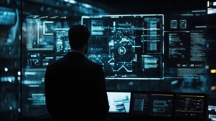 Poster - A person analyzing complex data on digital screens in a high-tech environment.