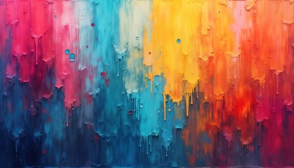 Poster - Colorful abstract painting banner shows dripping paint. Vibrant colors blend into creating dynamic art piece. Visual art. Modern design. Abstract background. Expressive. Unique art style.