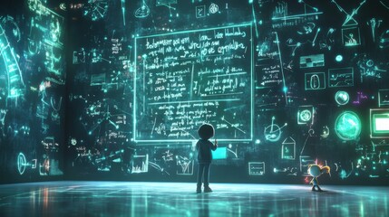 Poster - Futuristic Classroom with Animated Characters and Digital Chalkboard