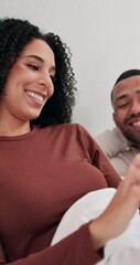 Poster - Couple, relax and laughing with phone in bedroom for streaming video, funny blog and social media post. Smile, people and mobile app with reading article, website search and bonding together at house