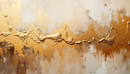 Poster - Abstract painting with golden, beige colors. Modern art piece with brushstrokes, smears. Gold accents create dynamic texture. Beige, cream tones blend together creating soft color palettes. Oil,