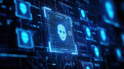 Poster - Digital interface displaying facial recognition patterns and data analysis.