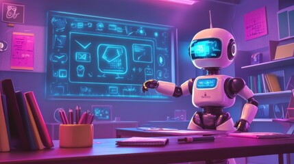 Poster - Friendly robot in a modern workspace with glowing screens and tools