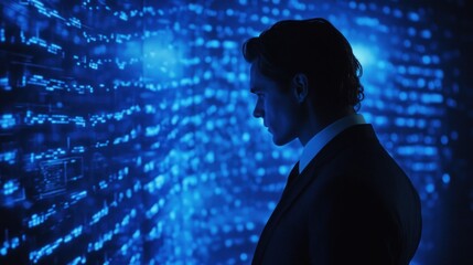 Poster - A man in a suit stands before a glowing blue digital display, suggesting a tech-focused theme.