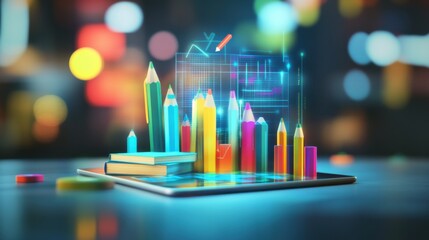 Poster - Colorful Pencils and Books on Digital Tablet with Abstract Analytics