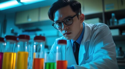 Poster - A focused scientist examines colorful test tubes in a laboratory setting.
