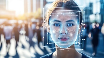 Poster - Digital overlay of facial recognition technology on a woman's face in busy urban background