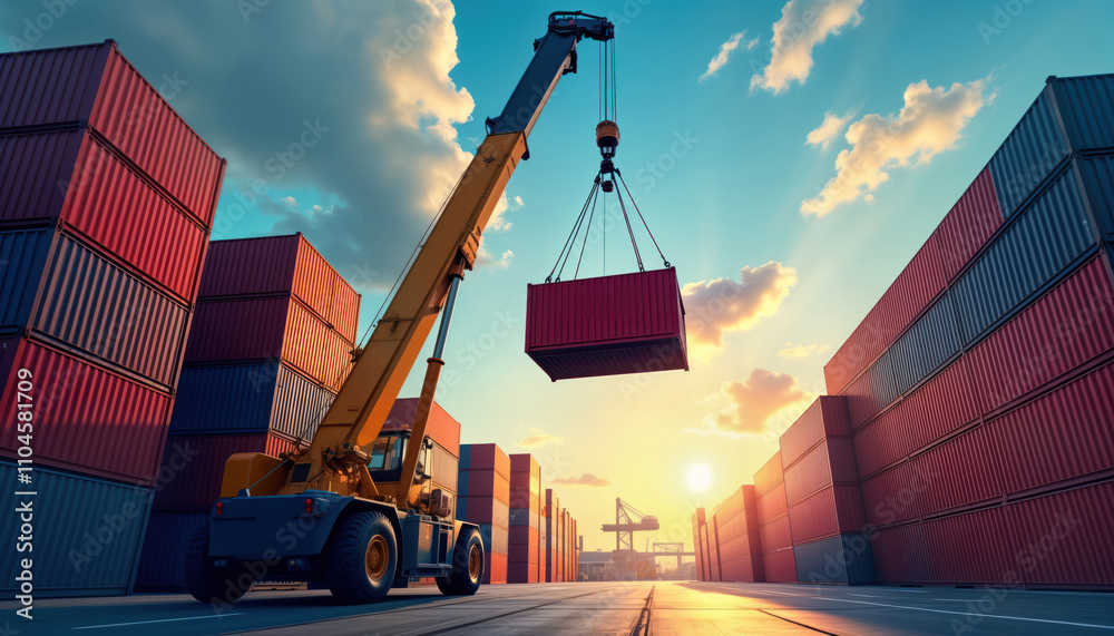 Large crane lowers cargo container at busy port. Logistics activity in ...