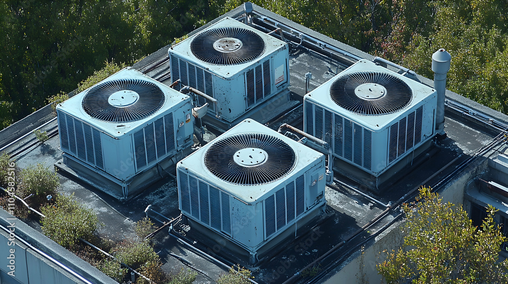 Aerial View of Four Industrial Air Conditioning Units on a Building ...