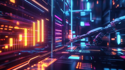 Poster - Futuristic Robotic Hand Interacting with Digital Data Interface