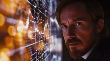 Poster - A man gazes intently at digital data visualizations, suggesting focus on analysis or technology.