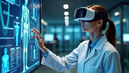 Aufkleber - Female scientist wears VR headset studies complex medical data on interactive display. Interacts with 3D anatomical models. Advanced tech allows precise visualization. Modern research lab setting.