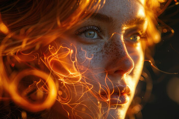 Poster - close-up of the face of a young girl with red hair, surrounded by light effects in the form of fiery lines and sparks.  