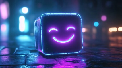 Poster - Neon Smiley Face Cube in a Mystical Urban Environment at Night