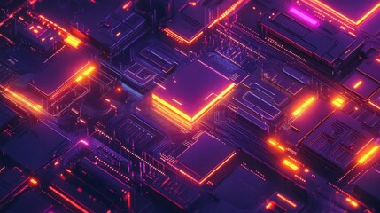 Poster - Abstract Colorful Digital Circuit Board with Neon Lighting Effects