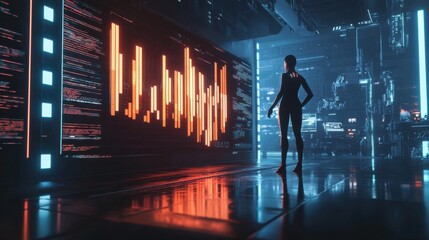 Poster - Futuristic Scene with Digital Data Visualization and Silhouette