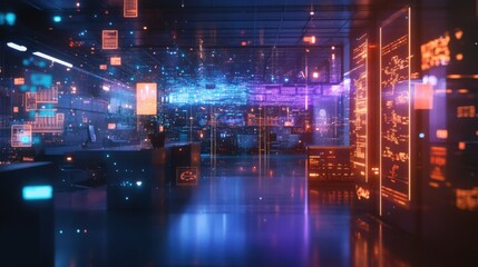 Poster - Futuristic Digital Workspace with Glowing Data Visualizations