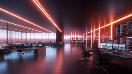 Poster - Modern office space with sleek design and glowing lights, showcasing a high-tech environment.