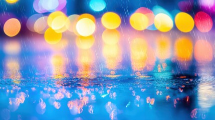 Sticker - Glowing city lights dance on a rainsoaked street, creating a vibrant and serene night scene.