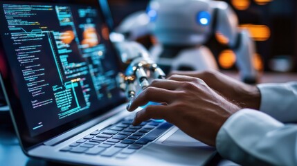 Poster - A person coding on a laptop with a robotic arm in the background.
