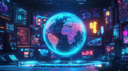 Poster - Futuristic Digital Globe Interface Displaying Global Data Visualization