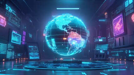 Poster - Futuristic Digital World Map with Interactive Technology Display