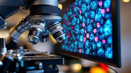 Poster - High-tech microscope shows colorful microorganisms on a monitor in a modern lab