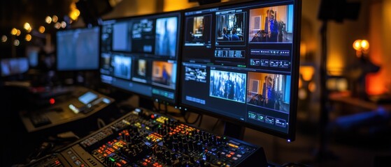 Poster - A control room setup with multiple screens for video production and broadcasting.