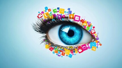 Poster - An eye surrounded by colorful social media icons, symbolizing digital engagement and awareness.